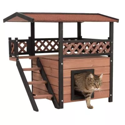 căsută din lemn pentru pisici, casuta cu scara si terasă cu acoperiș rezistent la soare sau ploaie