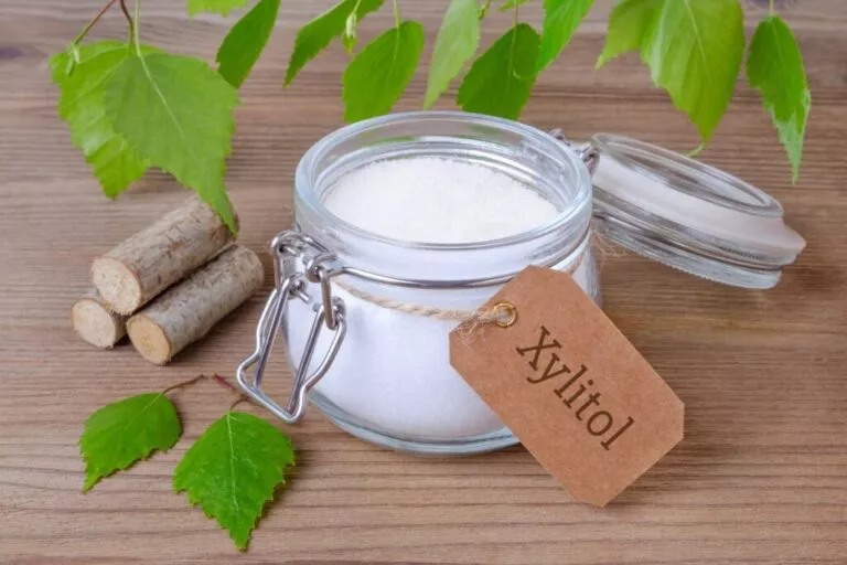 Un borcan cu capac etanș de xylitol substitut pentru zahăr. Borcanul are legată cu sfoară o etichetă de carton pe care este scris ce se află în el, stă pe o masă, iar în jurul lui se află frunze și trei mici bucăți de lemn.